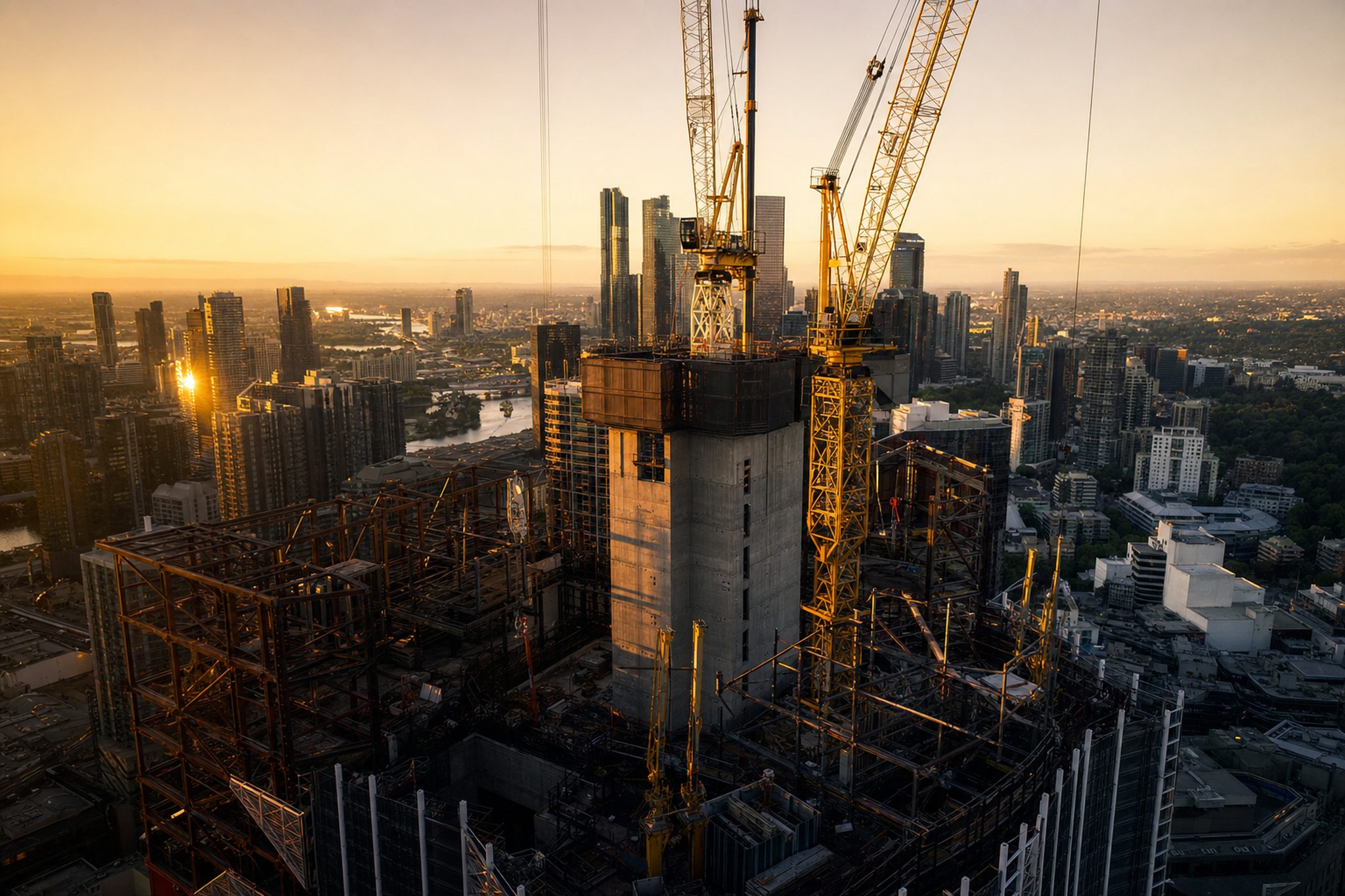 Tower crane over a high-rise construction site against the Melbourne skyline at dusk